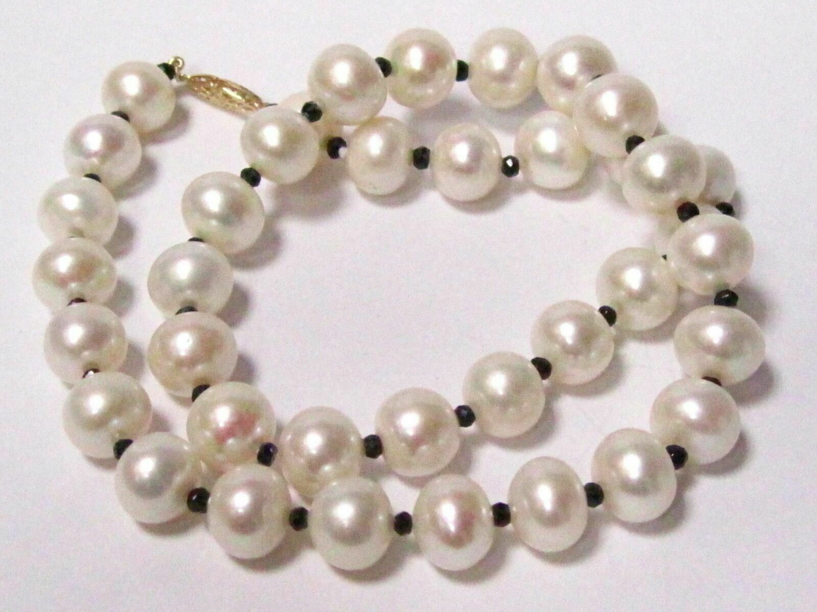 Fine 12mm White Pearl String Necklace with Spinel Gems 20 Inches 14k Yellow Gold