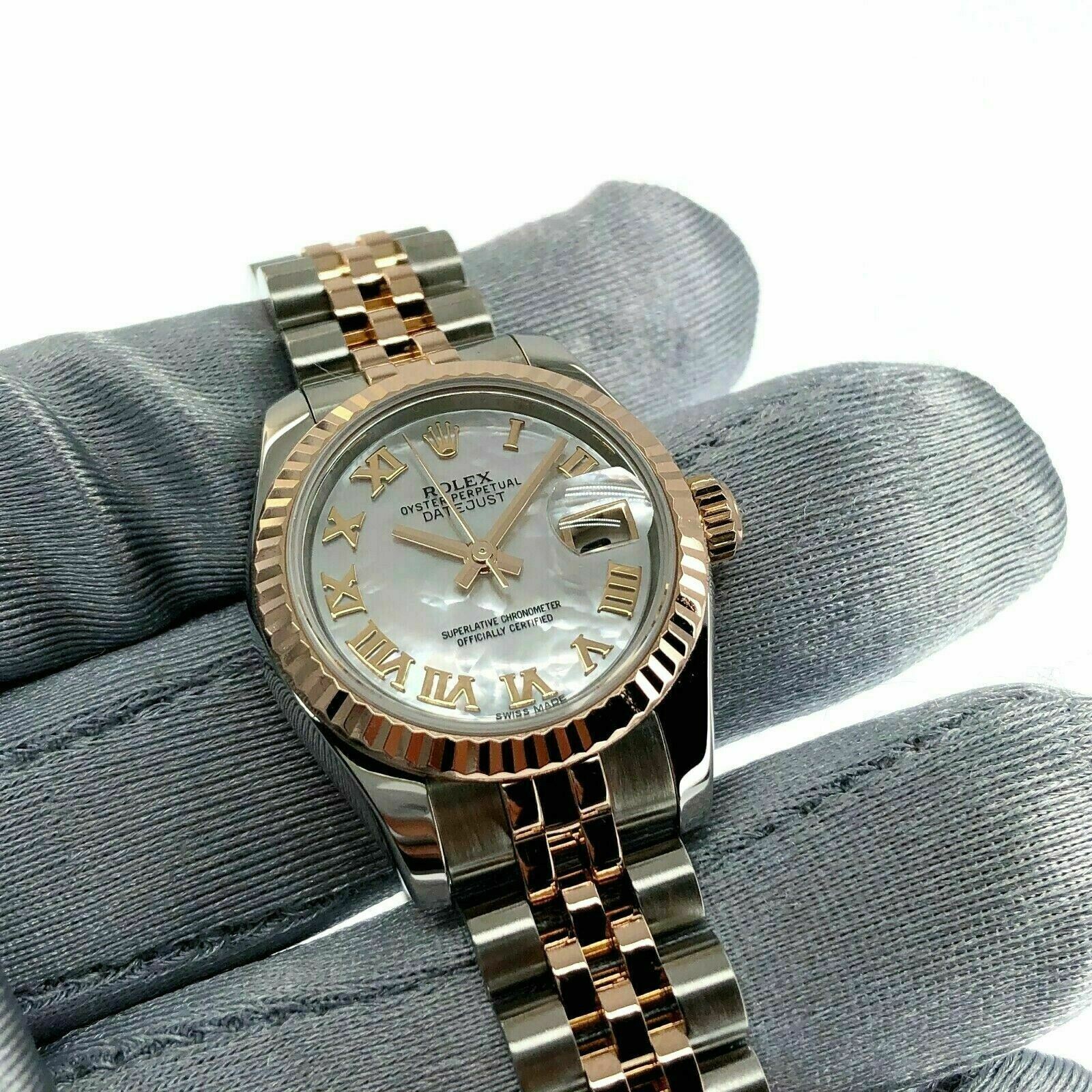 Rolex 26 MM MOP Datejust 18 Karat Rose Gold Steel Watch Ref # 179171 Box Papers
