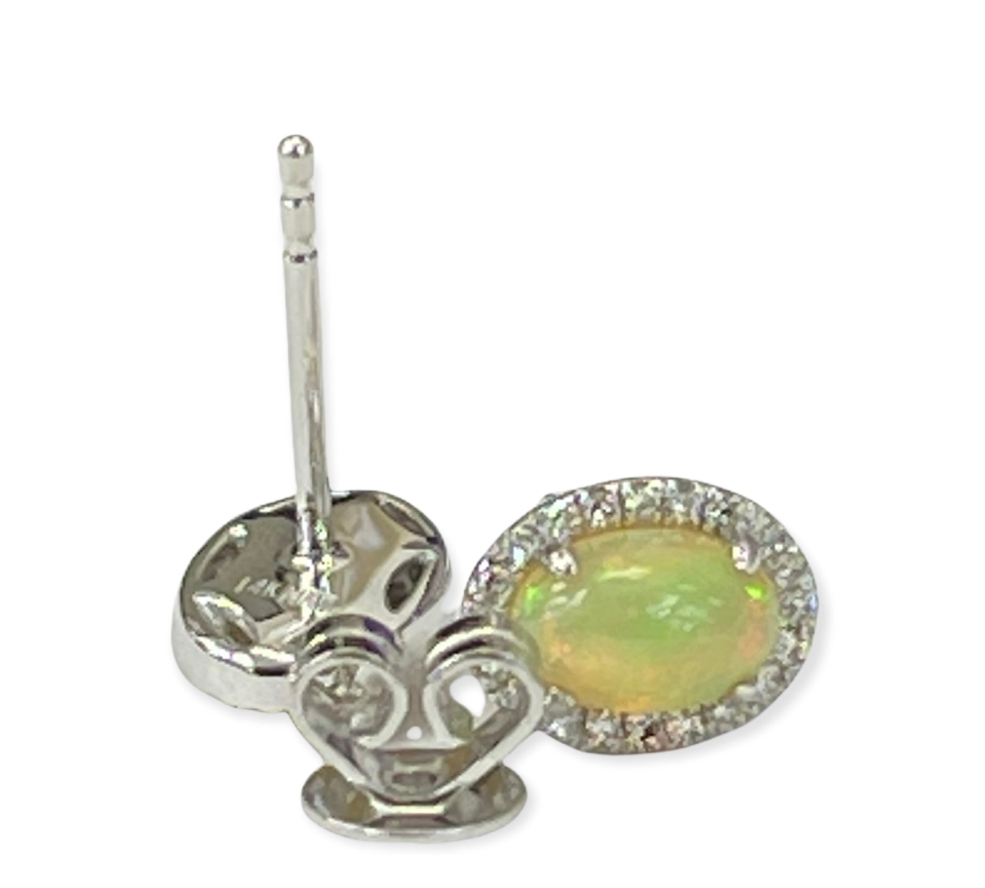 Opal Gem Stud Oval Diamond Earrings White Gold 14kt