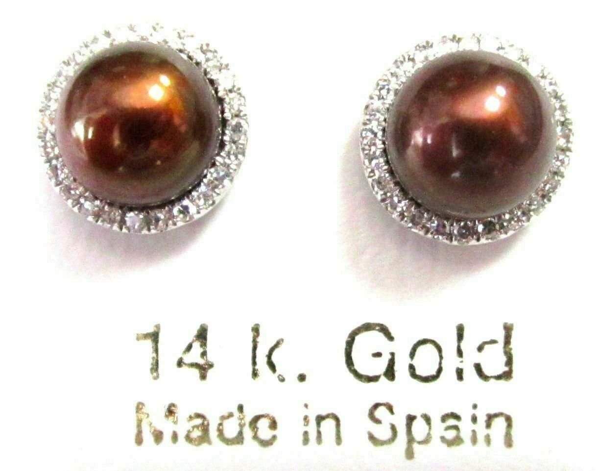 7mm Silverish Bronze Pearl & Diamond Accents Stud Earrings 14k White Gold