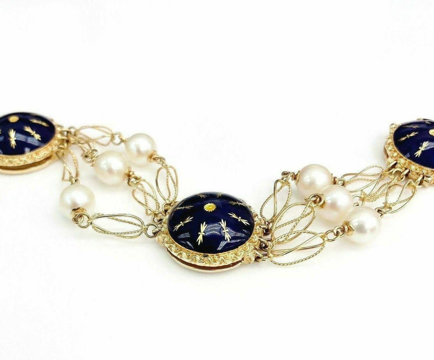 18K Yellow Gold Vintage Pearl with Amazing Enamel Work Bracelet Italian Made
