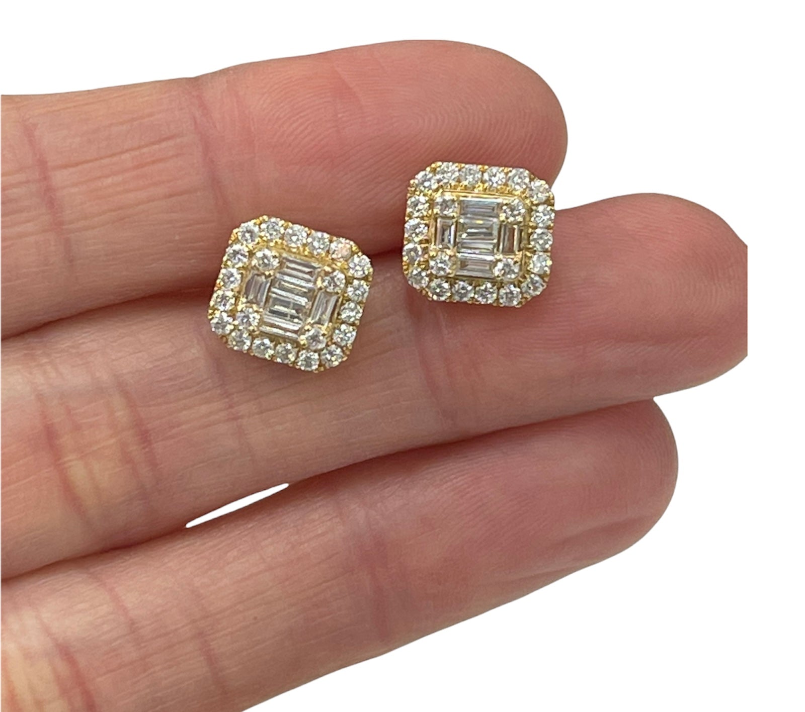 Baguettes Square Cluster Diamond Earrings Yellow Gold
