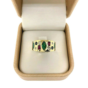 0.88 Carats t.w. Diamond Emerald Ruby Sapphire Bezel Set Ring 18K Yellow Gold