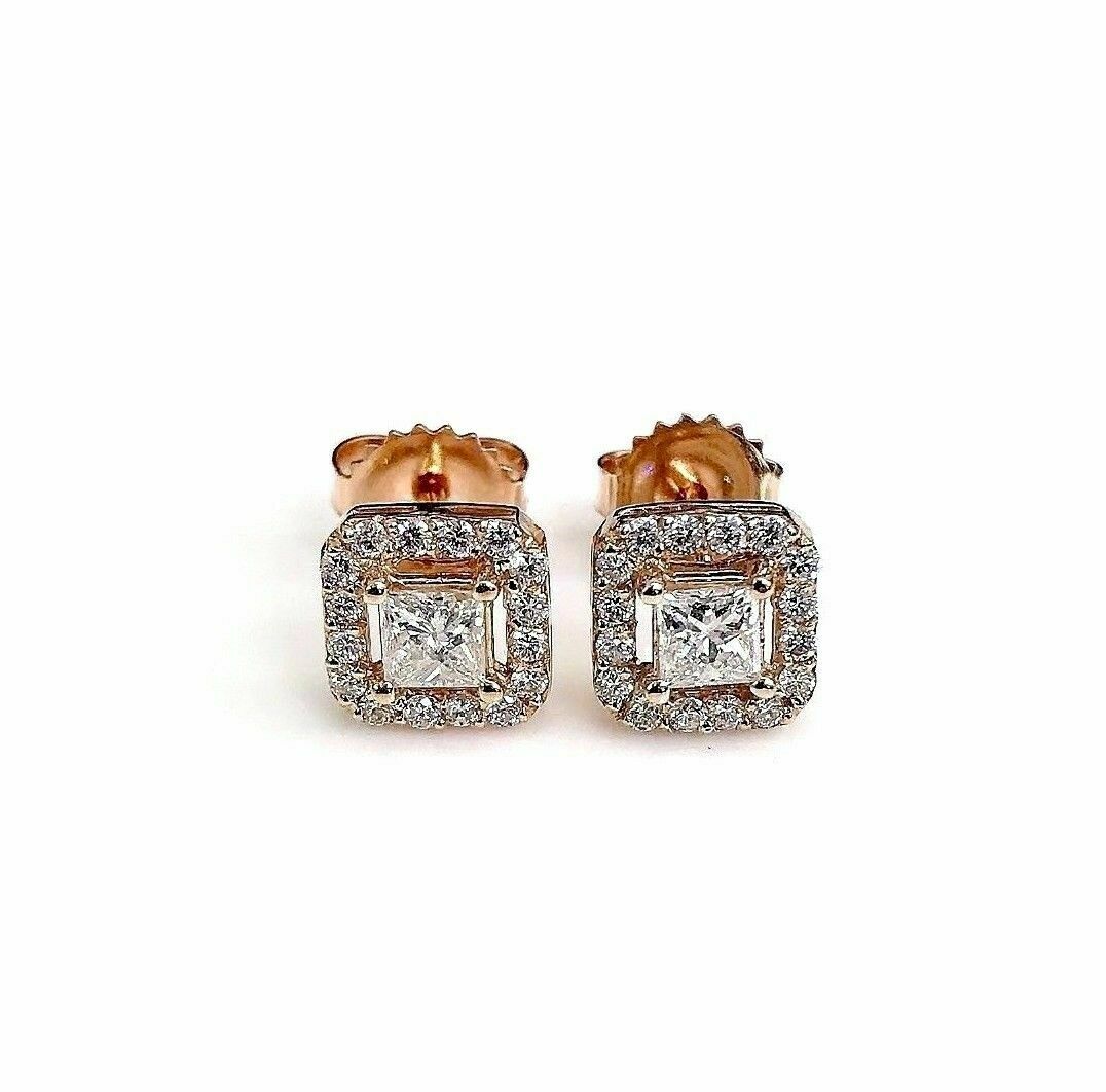 0.85 Carats t.w. Princess and Round Diamond Halo Earrings 14K Pink Rose Gold New