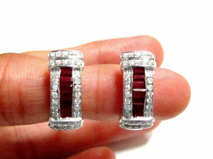 1.55 TCW Natural Baguette Red Ruby & Diamond Earrings Clip-on 14k White Gold