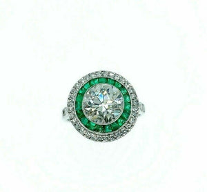 Antique Art Deco 2.50 Carats Old European Diamond Wedding Ring with Emerald Plat