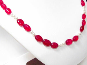 Fine Natural Pearl & Red Quartz String Necklace 27 Inches Long 18k Yellow Gold