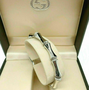 GUCCI Italian Made 18K White Gold Factory Diamond Bamboo Stretch Bracelet Size17