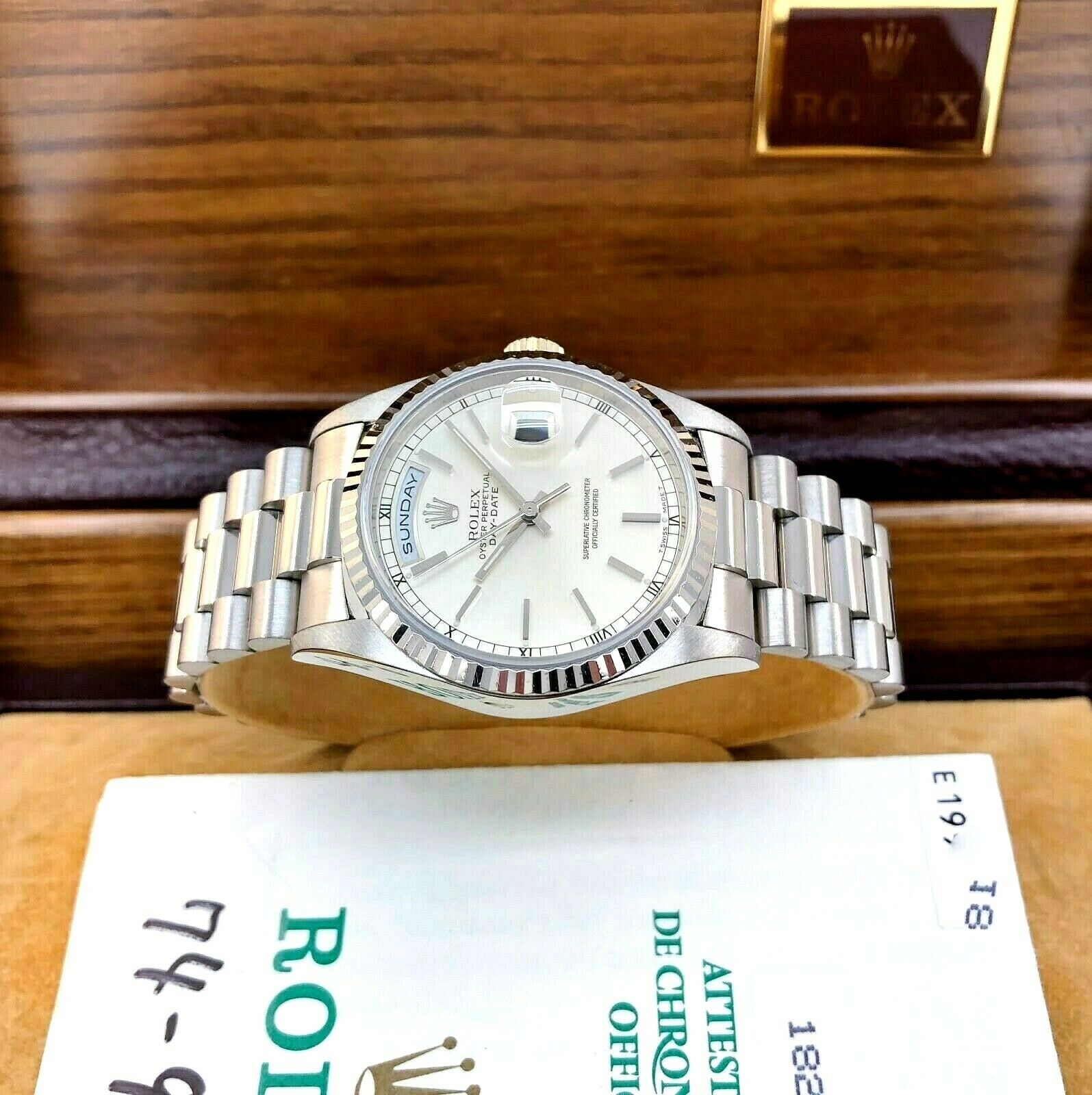 Rolex Day Date President 18K White Gold 36mm Watch 18239 Box and Paper –