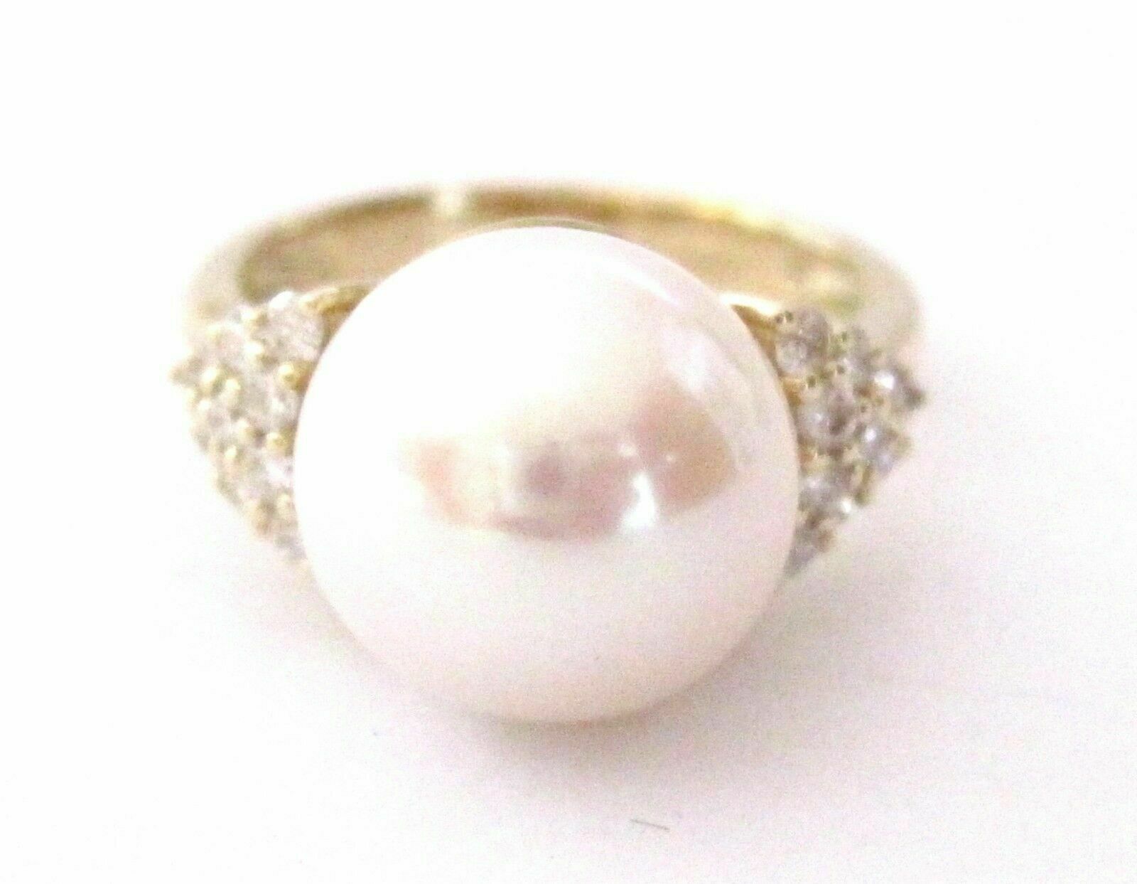 11mm White Pink Pearl w/ Diamond Accents Solitaire Ring 14kt Yellow Gold Size 7
