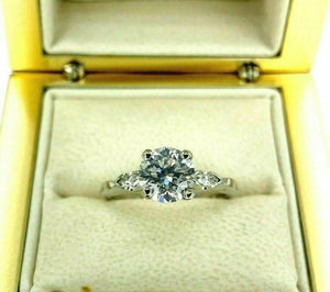 1.67 Carats Antique 3 Stone Round Diamond and Marquise Wedding Ring Platinum