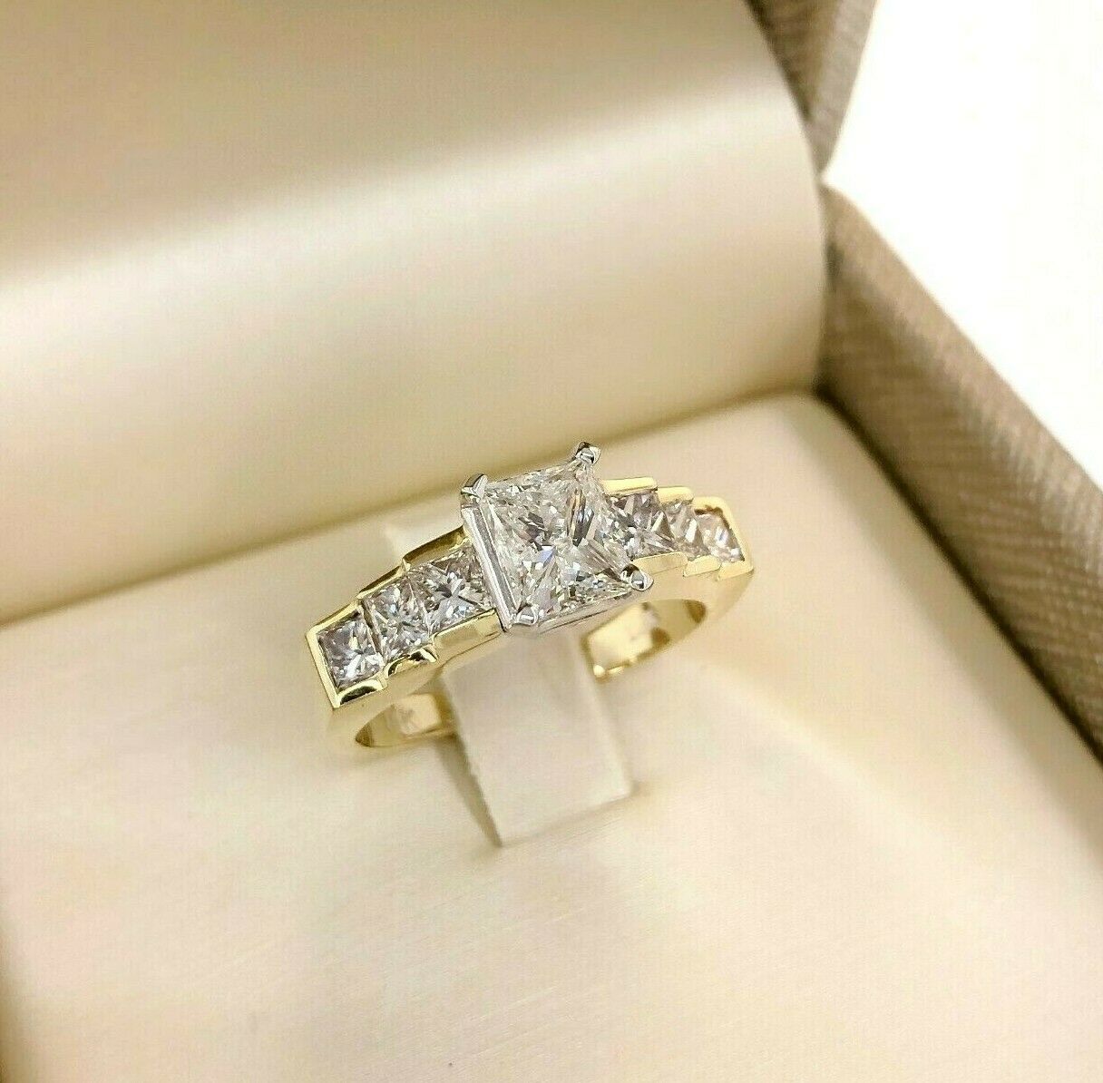 2.02 Carats t.w. Princess Cut Diamonds Engagement Ring 1 Carat Center 14K 2 Tone