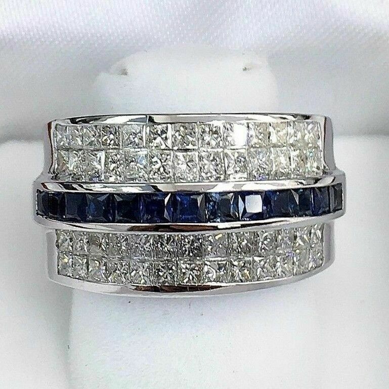 3.55 Carats t.w. Diamond and Sapphire Invisible Set Ring 18K Gold 17.5 Grams
