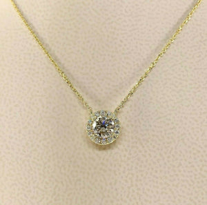 0.67 Carats t.w. Round Diamond Halo Necklace Pendant 0.52 Carat Center 14K Gold