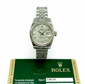 Rolex 26MM Lady Datejust 18 Karat White Gold Steel Watch Ref # 179174 w Card