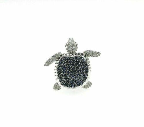 1.29 Carats t.w. Diamond and Blue Sapphire Turtle Brooch/Pin 14K Gold Pave Set