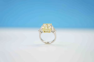 Custom Made 3.50 Carats Emerald Cut Fancy Yellow Diamond with .47 Carat SS