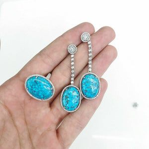 14K white Gold Turquoise Set w/ halo Diamond Dangle Drop Earrings and Ring