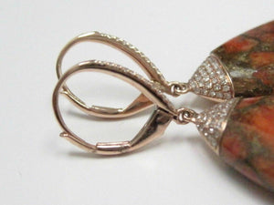 46.44 TCW Pear Rustic Orange Opal Diamond Dangling Earrings 14k Rose Gold