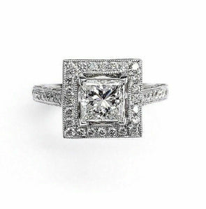 1.01Ct Princess Cut Diamond Halo Engagement Ring Size 6.25 Art Nouveau Style 14k