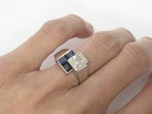 1.70 TCW Natural Blue Sapphire & Radiant Cut Diamond Ring Size 6 18kt White Gold