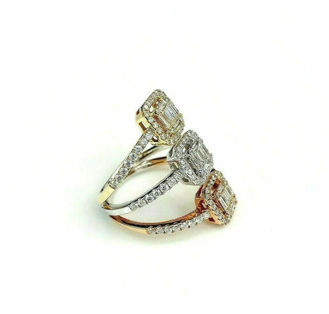1.48 Carats Triple Diamond Halo Wedding/ Anniversary Ring 18K TriColor Gold