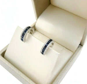 Fine 1.34 Carats t.w. Pave Set Diamond & Channel Sapphire Huggie Earrings 14k