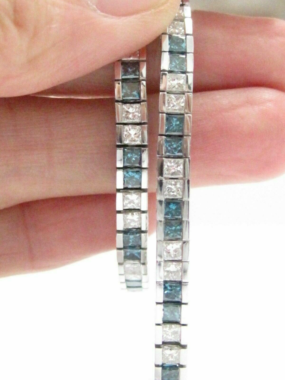6.17 TCW Natural Blue and White Princess Cut Diamond Tennis Bracelet 14k WG