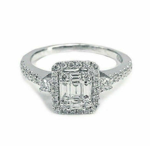 0.68 TCW Halo Baguette & Round Diamond 18K White Gold Engagement Ring Size 6.75