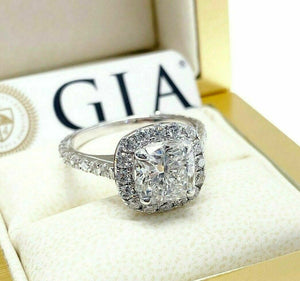 2.87 Carats tw Cushion GIA F VS1 Halo Hand Made Engagement Ring 2.12 Ex Ex Cut