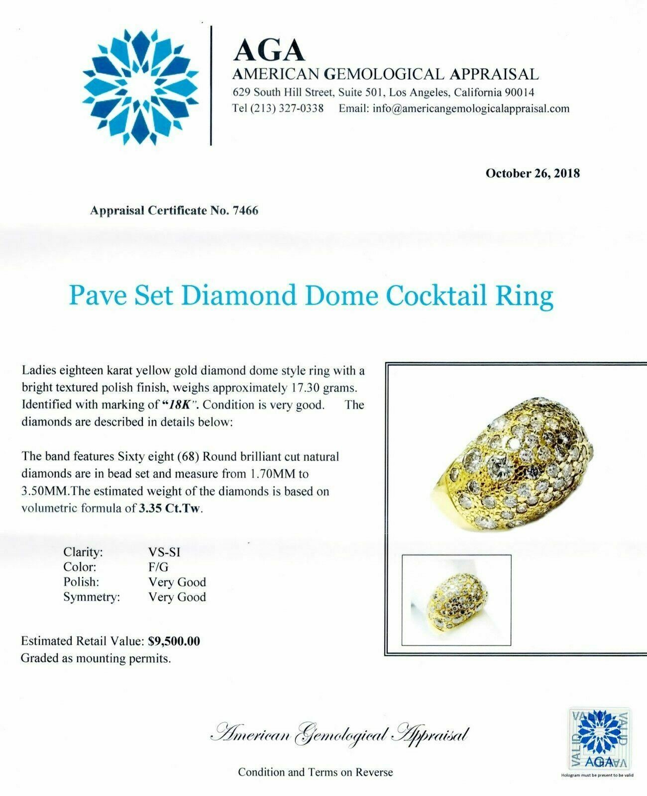 3.35 Carats t.w. Pave Dome Celebration Ring 18K Yellow Gold 17.3 Grams F-G VS