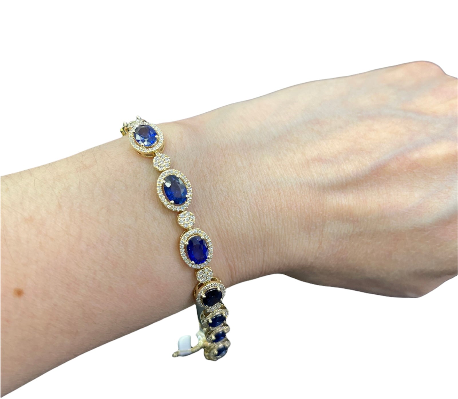 Blue Sapphire Oval Tennis Bracelet with Diamond Accents Yellow Gold