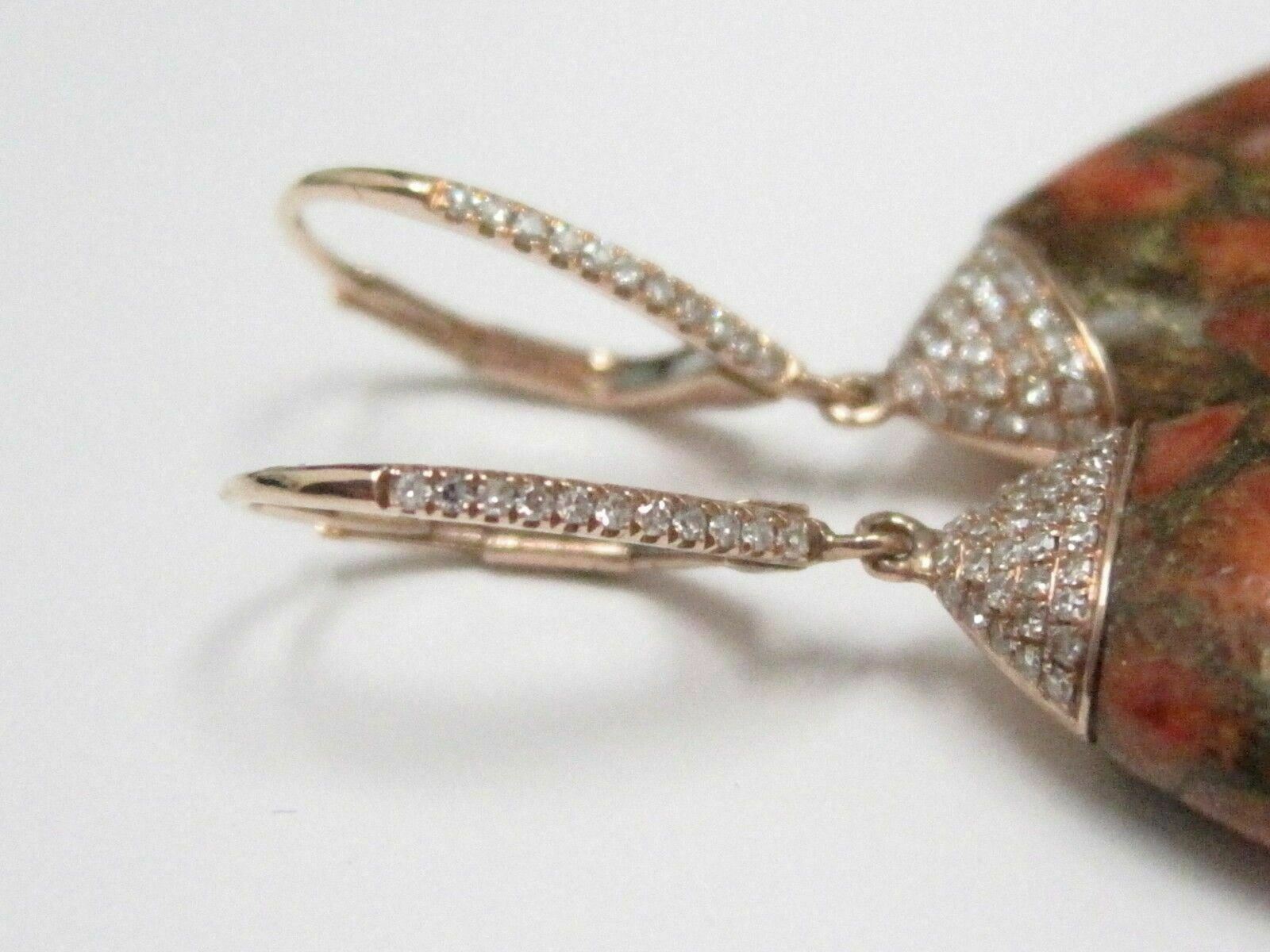 46.44 TCW Pear Rustic Orange Opal Diamond Dangling Earrings 14k Rose Gold