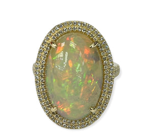 Opal Gem Oval Halo Diamond Ring Yellow Gold 14KT
