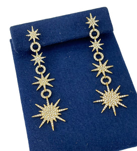 Starburst Round Brilliants Diamond Drop Earrings Micro Pave Yellow Gold