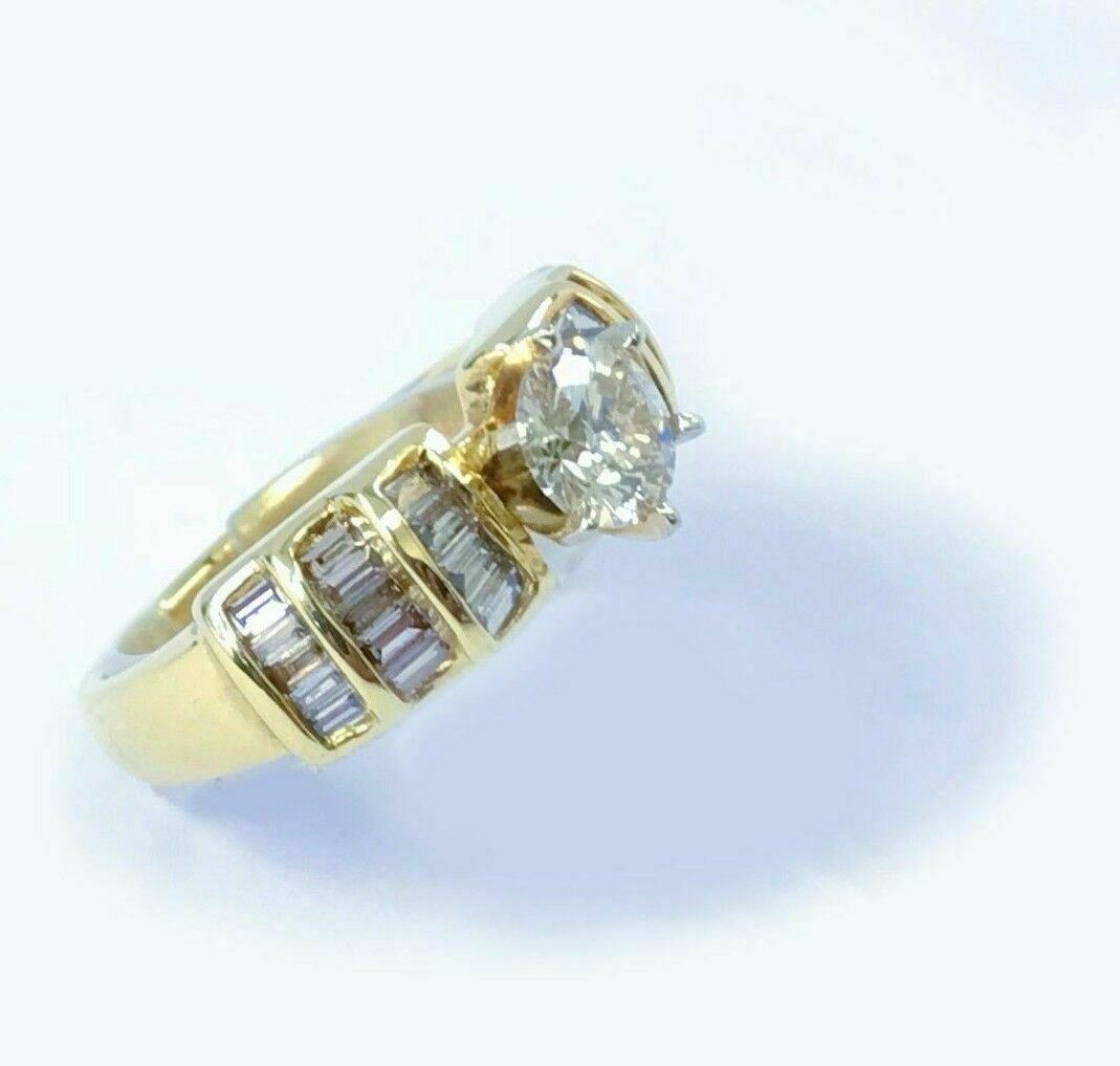 1.65 ct Round Solitaire Diamond Baguette Accents 14K yellow Gold Engagement Ring