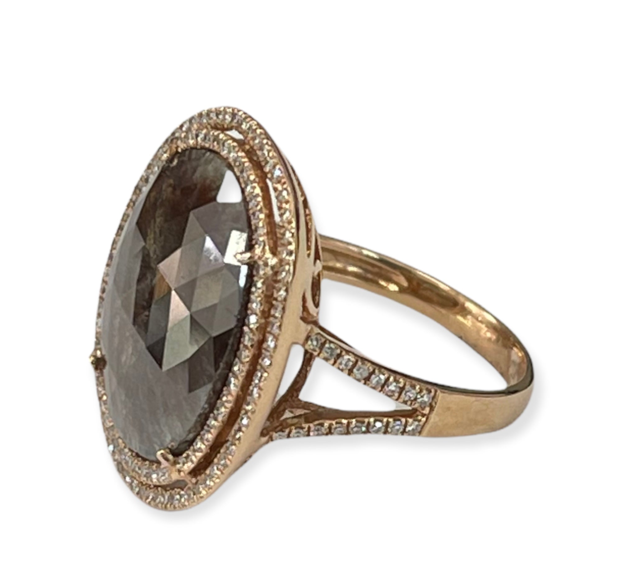 Fancy Champagne Color Rustic Diamond Ring Double Halo Rose Gold 14kt