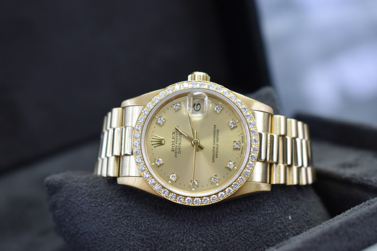 31mm President Mid-Size Rolex Dia Dial and Diamond Bezel Watch 18k Yellow Gold