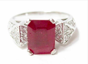 Radiant Red Ruby & Diamond Accents Solitaire Ring Size 7 14k White Gold