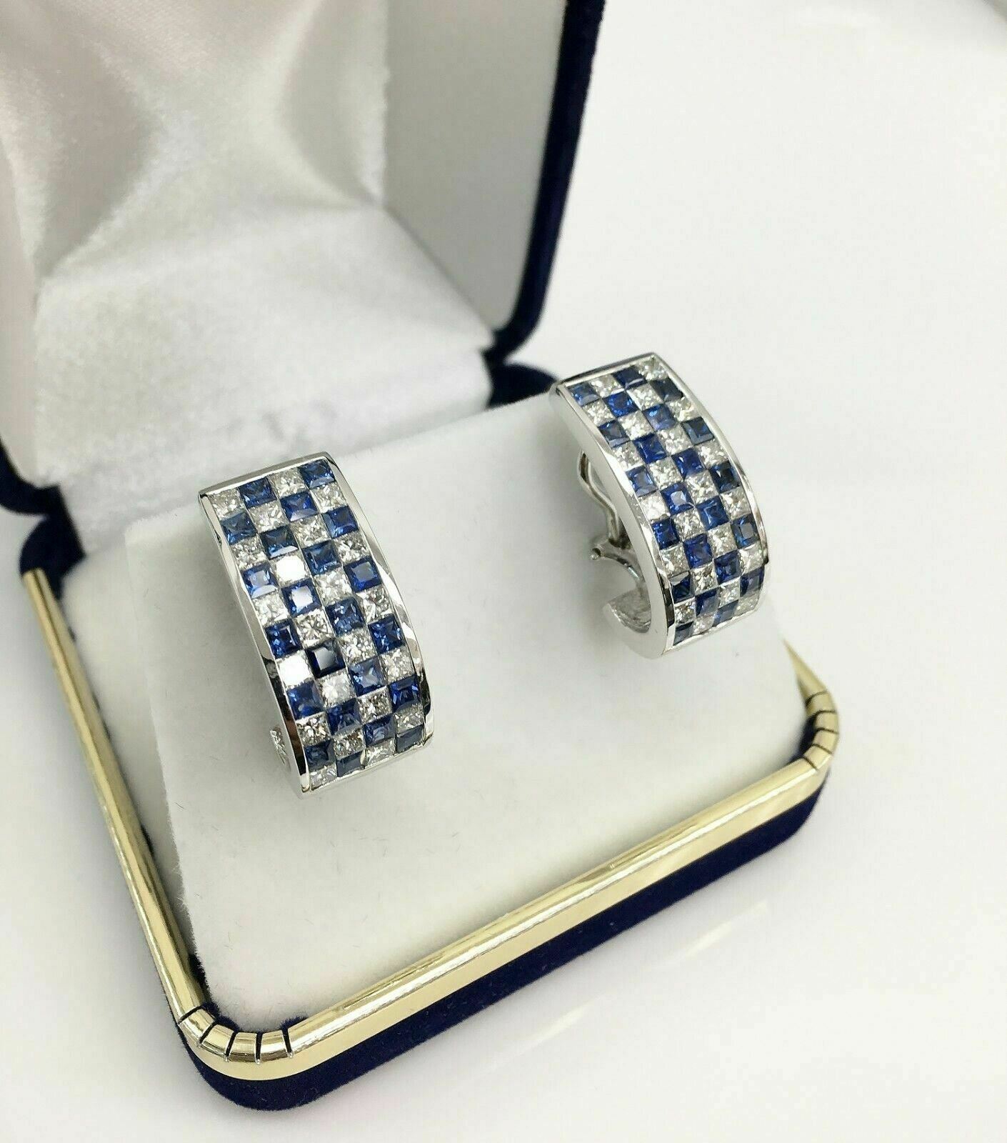 8.28 Carats t.w. Diamond and Blue Sapphire Power Earrings 14K Gold Invisible Set
