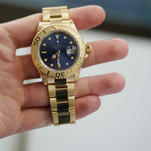 Ladies 29mm 18k Yellow Gold Rolex Yacht-Master Blue Dial Watch 69628