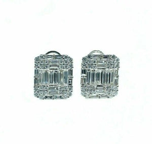 2.73 Carats Invisible Baguette and Round Diamond Stud Earrings 18K White Gold