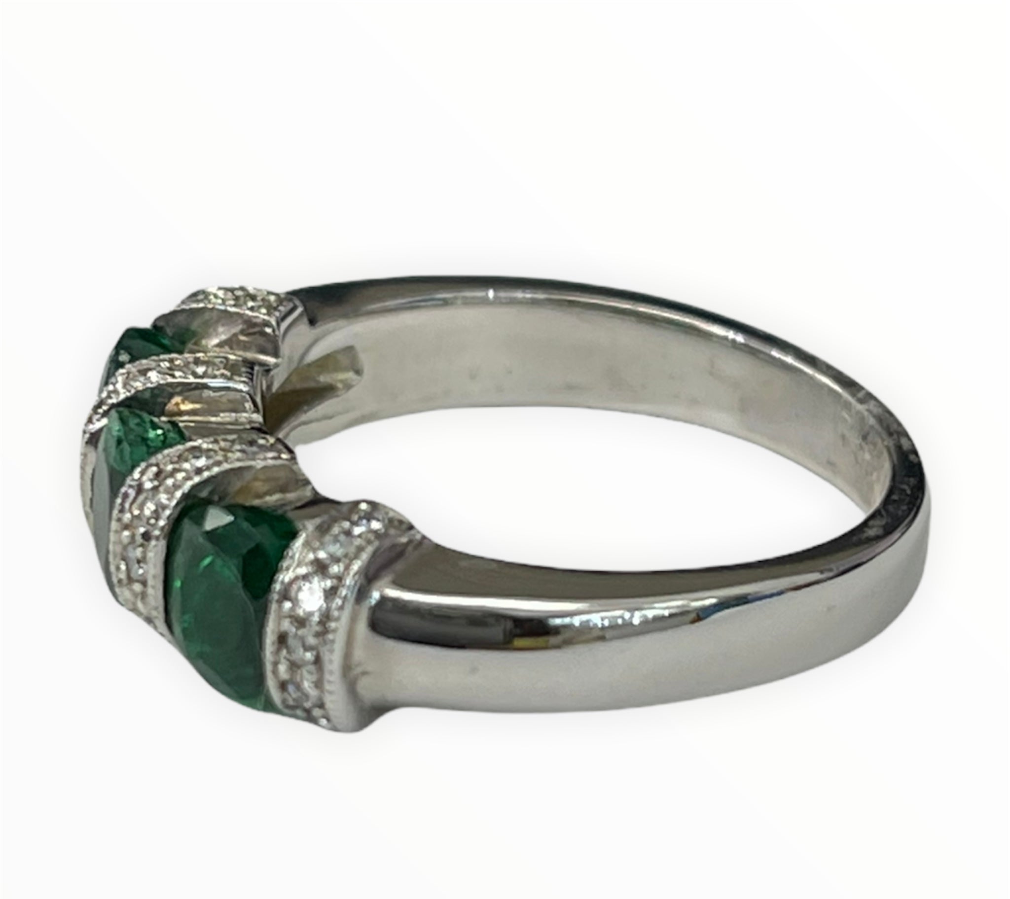 Three Stone Oval Emerald Gem Diamond Ring White Gold 14kt