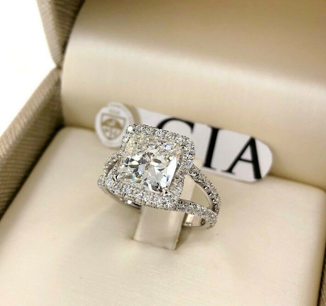 3.40 Carats tw Cushion GIA H Color Halo Split Band Engagement Ring 2.51 Center