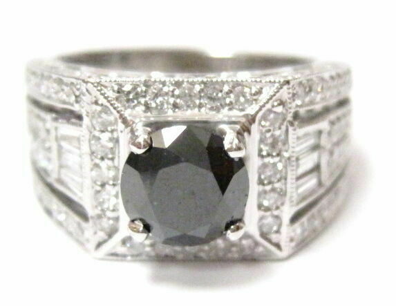 3.15 TCW Natural Round Black Diamond Anniversary Ring Size 8 18k White Gold