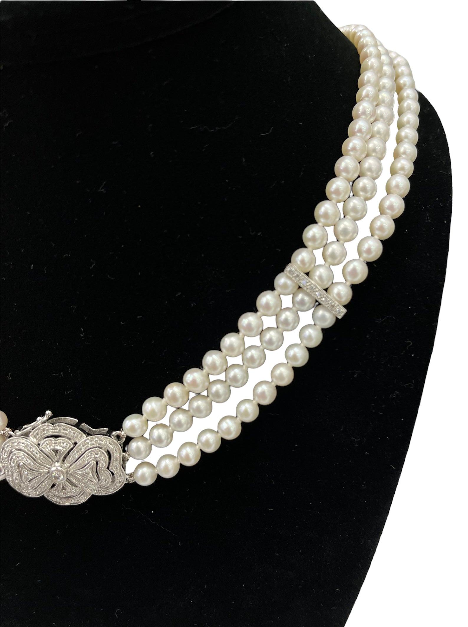 Three Strands White Pearl Diamond Pendant Necklace
