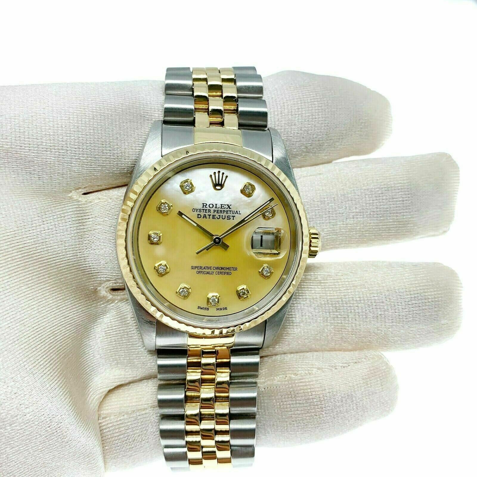 Rolex 36MM Datejust Diamond Watch 18K Yellow Gold Stainless Steel Ref 16233