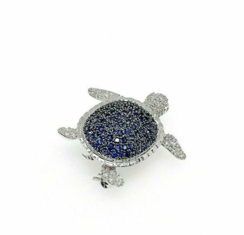 1.29 Carats t.w. Diamond and Blue Sapphire Turtle Brooch/Pin 14K Gold Pave Set