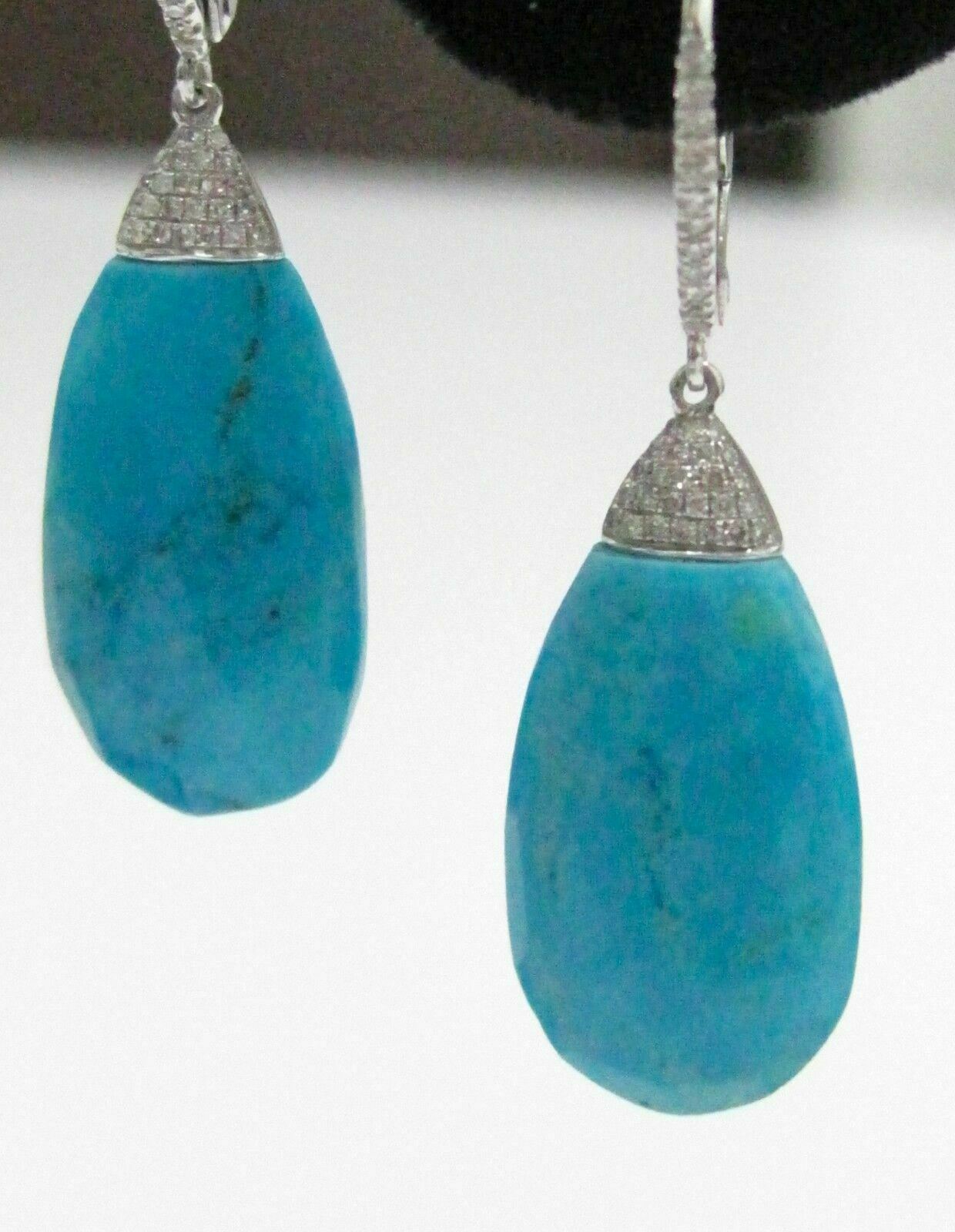 19.04 TCW Natural Elongated Oval Turquoise Diamonds Dangling Earrings 14K W-Gold