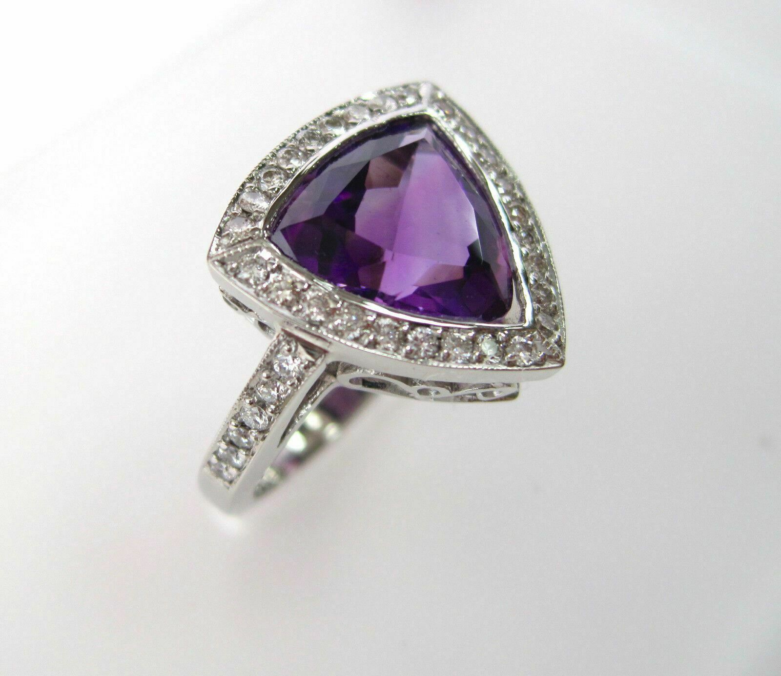 3.90TCW Natural Trillion Amethyst w/ Diamond Accents Solitaire Ring Sz 6 14k WG